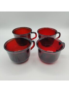 Vintage Arcoroc Ruby Red Glass Mugs Set Of 4 French Coffee Cups